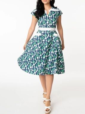 Unique Vintage White and Green Houseplant Cactus Lovers Cotton Sundress